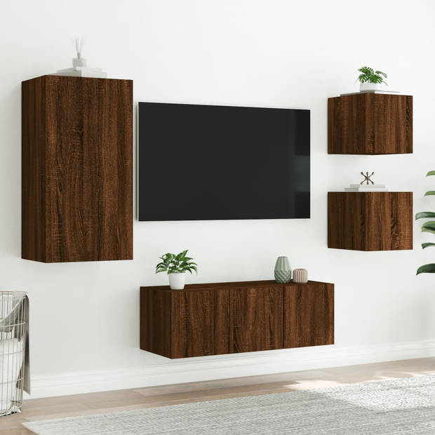 vidaXL 5-delige Tv-wandmeubelset met LED bewerkt hout bruineikenkleur