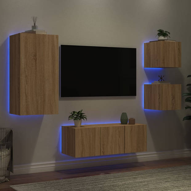 vidaXL 5-delige Tv-wandmeubelset met LED bewerkt hout sonoma eiken