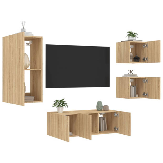 vidaXL 5-delige Tv-wandmeubelset met LED bewerkt hout sonoma eiken