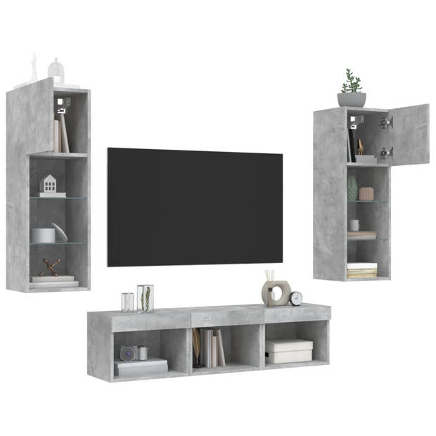 vidaXL 5-delige Tv-wandmeubelset met LED bewerkt hout betongrijs