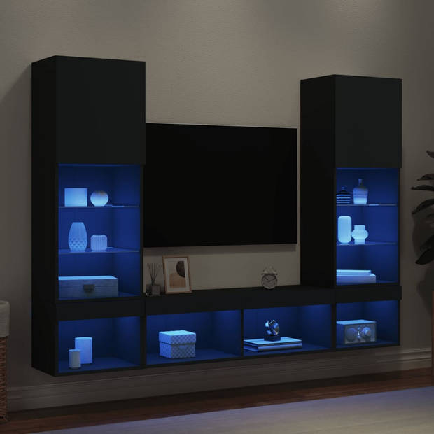 vidaXL 5-delige Tv-wandmeubelset met LED bewerkt hout zwart