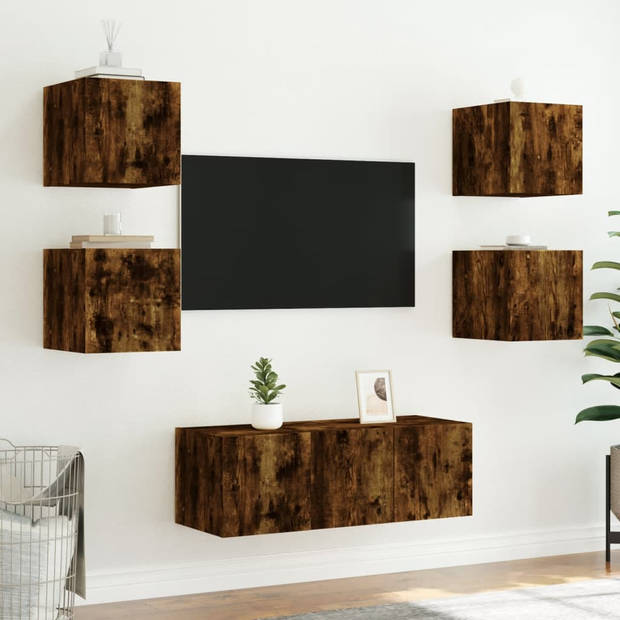 vidaXL 6-delige tv-wandmeubelset met LED bewerkt hout gerookt eiken