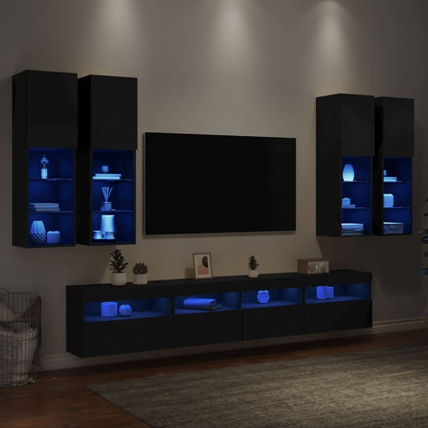 vidaXL 7-delige Tv-wandmeubelset met LED-verlichting zwart