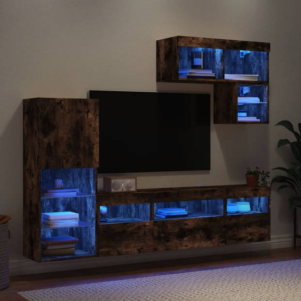 vidaXL 6-delige tv-wandmeubelset met LED bewerkt hout gerookt eiken