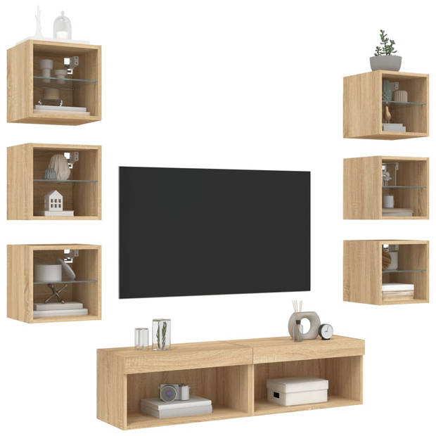 vidaXL 8-delige Tv-wandmeubelset met LED bewerkt hout sonoma eiken