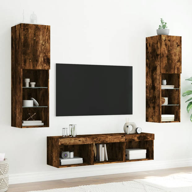 vidaXL 5-delige tv-wandmeubelset met LED bewerkt hout gerookt eiken