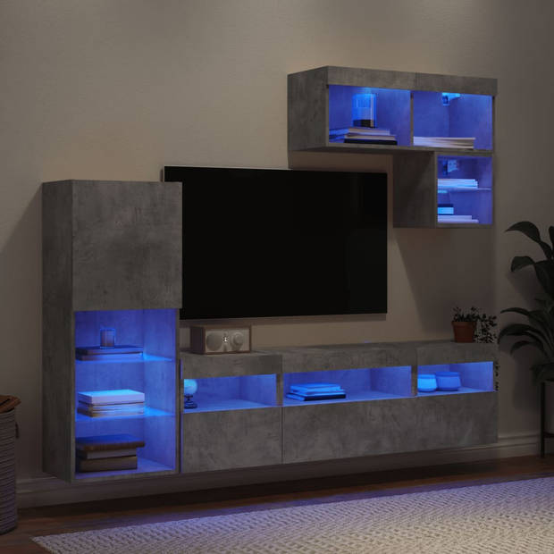 vidaXL 6-delige Tv-wandmeubelset met LED bewerkt hout betongrijs