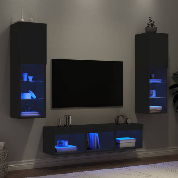 vidaXL 5-delige Tv-wandmeubelset met LED bewerkt hout zwart