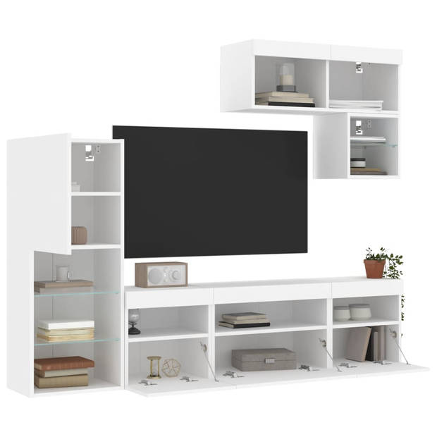 vidaXL 6-delige Tv-wandmeubelset met LED-verlichting bewerkt hout wit