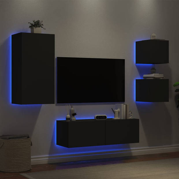 vidaXL 4-delige tv-wandmeubelset met LED-verlichting zwart