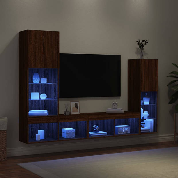 vidaXL 4-delige Tv-wandmeubelset met LED bewerkt hout bruineikenkleur