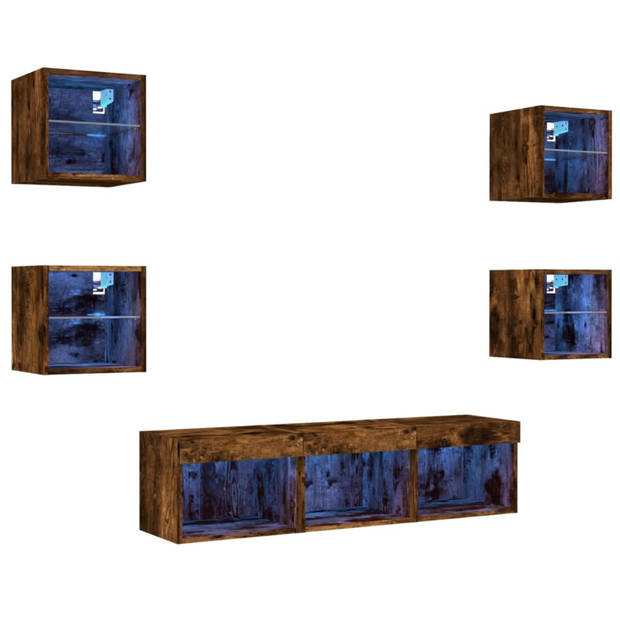 vidaXL 7-delige tv-wandmeubelset met LED bewerkt hout gerookt eiken
