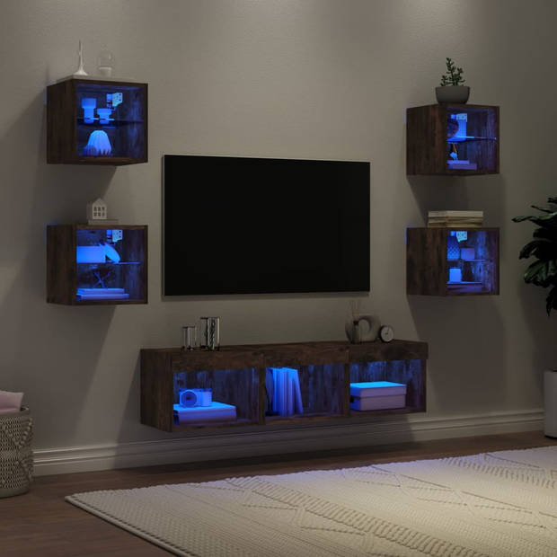 vidaXL 7-delige tv-wandmeubelset met LED bewerkt hout gerookt eiken