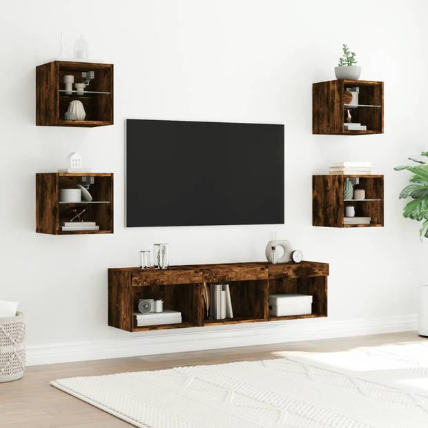 vidaXL 7-delige tv-wandmeubelset met LED bewerkt hout gerookt eiken