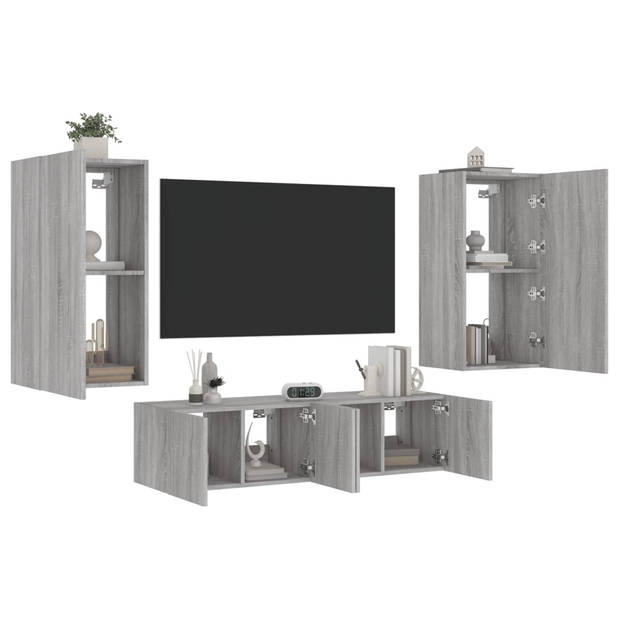 vidaXL 4-delige Tv-wandmeubelset met LED bewerkt hout grijs sonoma