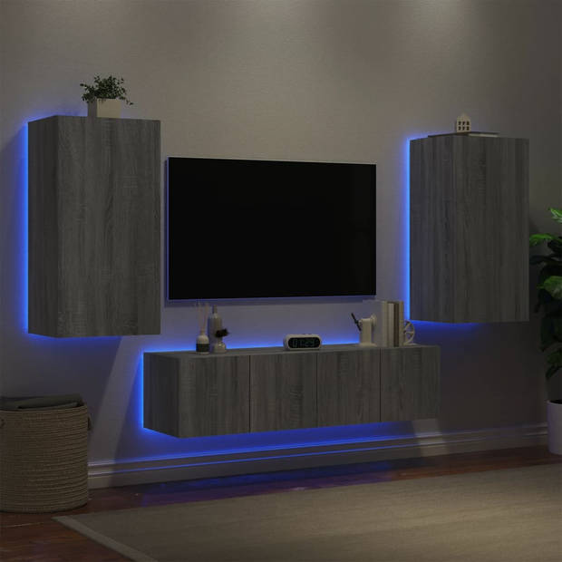 vidaXL 4-delige Tv-wandmeubelset met LED bewerkt hout grijs sonoma