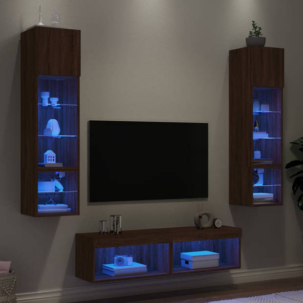 vidaXL 6-delige Tv-wandmeubelset met LED bewerkt hout bruineikenkleur