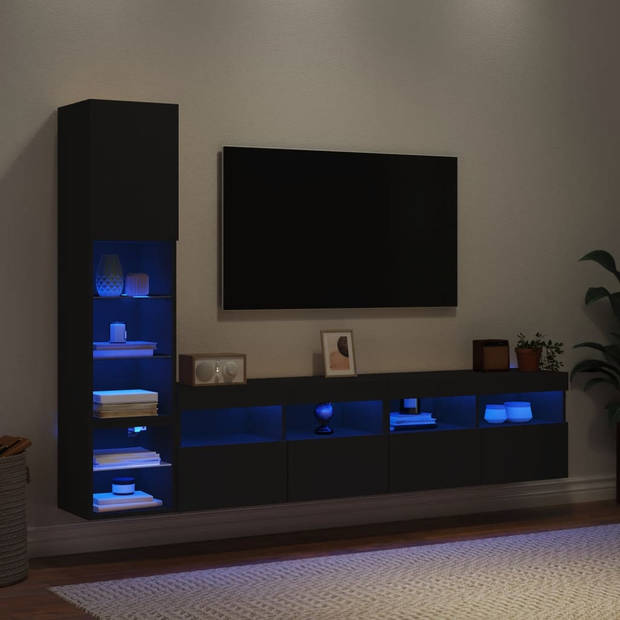 vidaXL 7-delige tv-wandmeubelset met LED bewerkt hout zwart