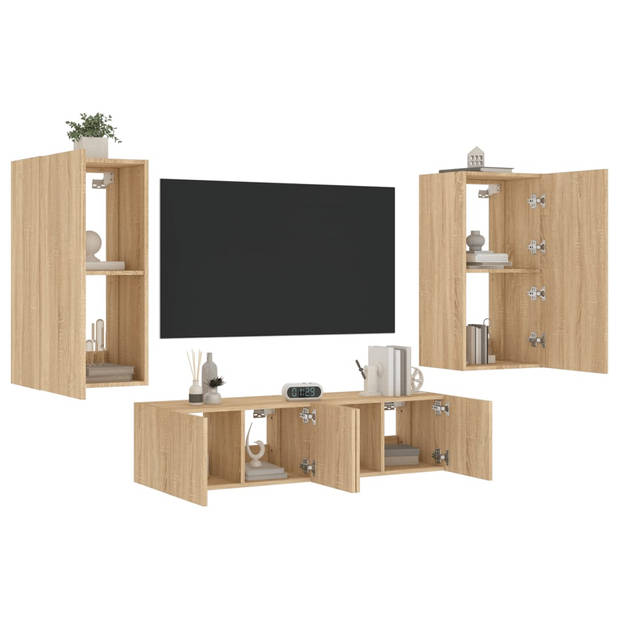 vidaXL 4-delige Tv-wandmeubelset met LED bewerkt hout sonoma eiken