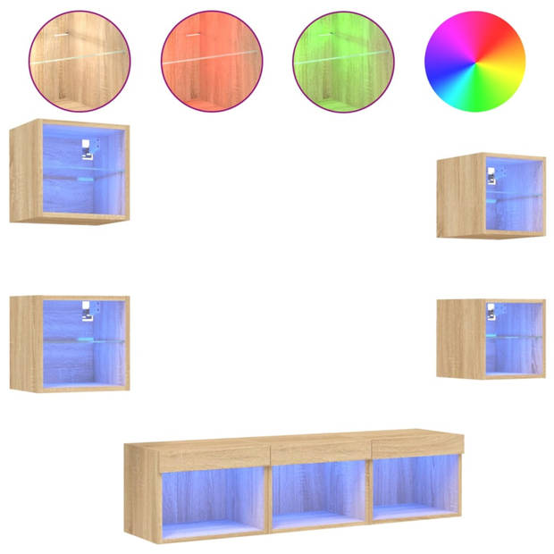 vidaXL 7-delige Tv-wandmeubelset met LED bewerkt hout sonoma eiken