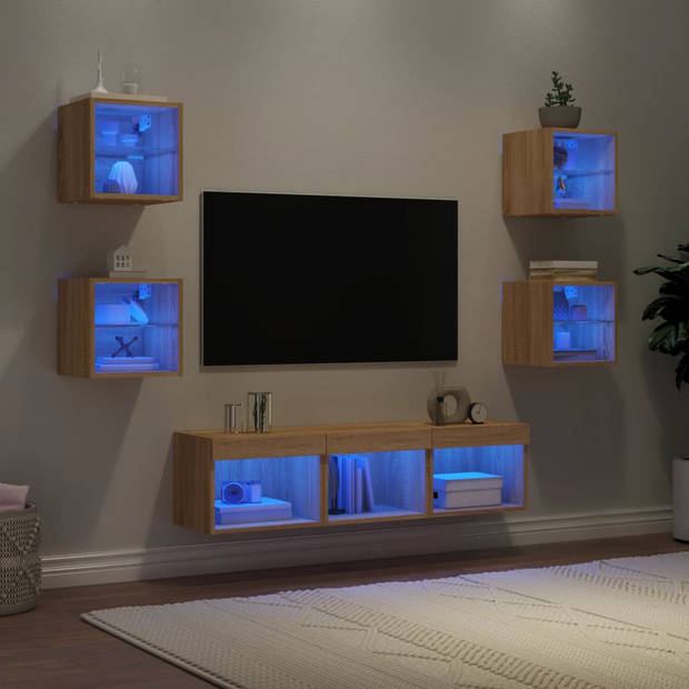 vidaXL 7-delige Tv-wandmeubelset met LED bewerkt hout sonoma eiken