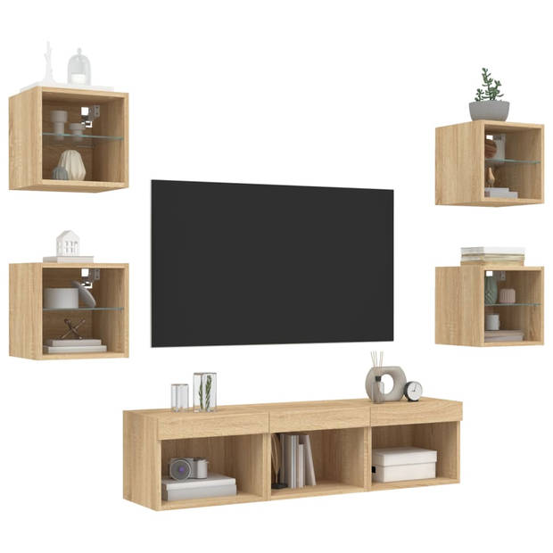 vidaXL 7-delige Tv-wandmeubelset met LED bewerkt hout sonoma eiken