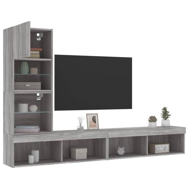 vidaXL 4-delige Tv-wandmeubelset met LED bewerkt hout grijs sonoma