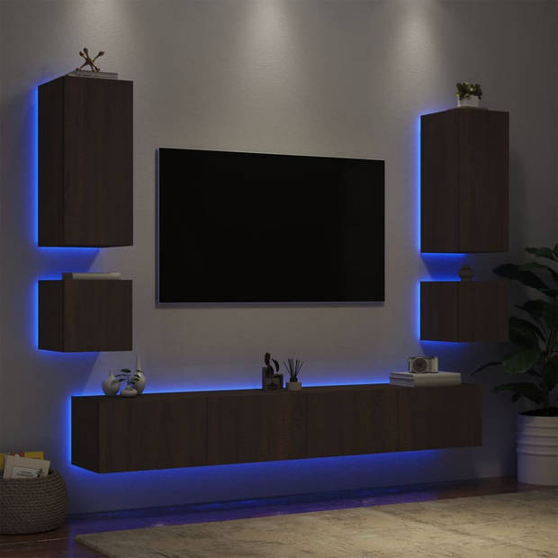 vidaXL 6-delige tv-wandmeubelset met LED-verlichting bruin eikenkleur