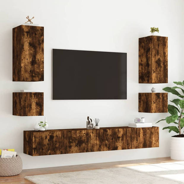 vidaXL 6-delige tv-wandmeubelset met LED-verlichting gerookt eiken