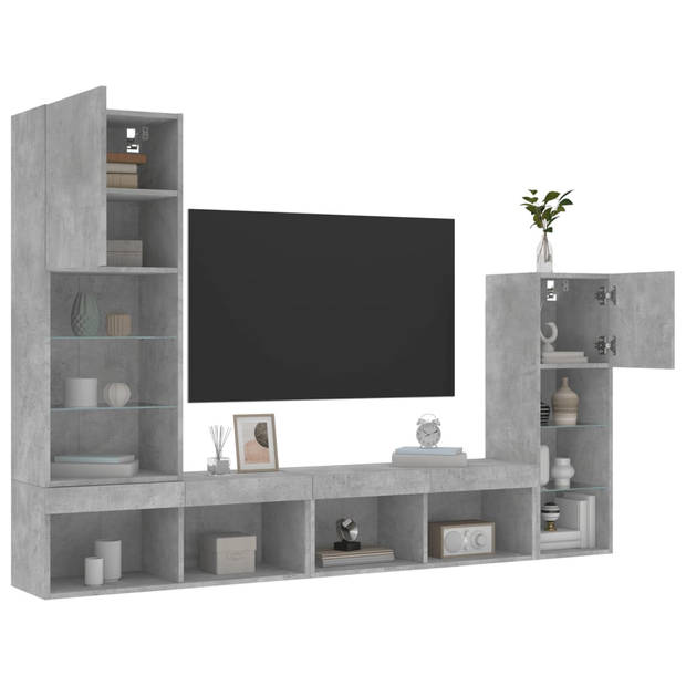 vidaXL 4-delige Tv-wandmeubelset met LED bewerkt hout betongrijs