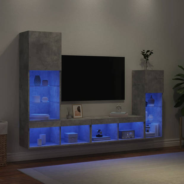 vidaXL 4-delige Tv-wandmeubelset met LED bewerkt hout betongrijs