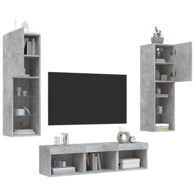 vidaXL 5-delige Tv-wandmeubelset met LED bewerkt hout betongrijs