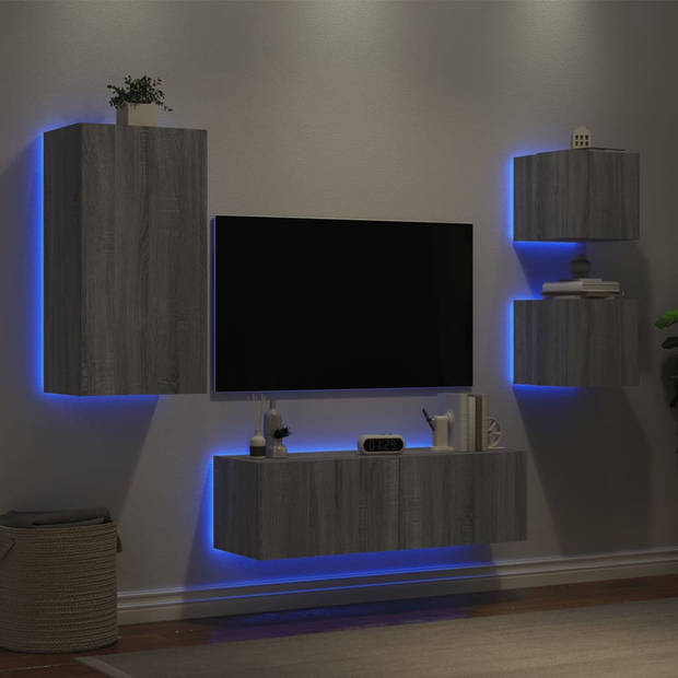 vidaXL 4-delige tv-wandmeubelset met LED-verlichting grijs sonoma