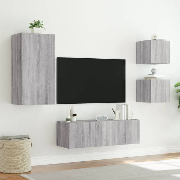 vidaXL 4-delige tv-wandmeubelset met LED-verlichting grijs sonoma