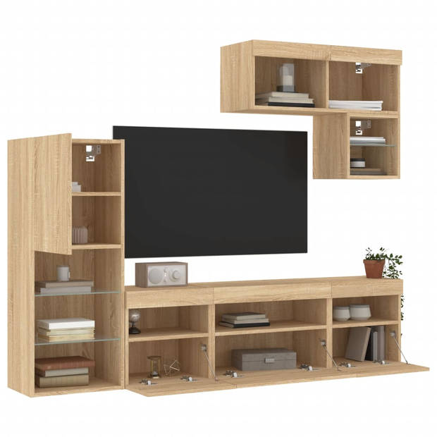 vidaXL 6-delige Tv-wandmeubelset met LED bewerkt hout sonoma eiken