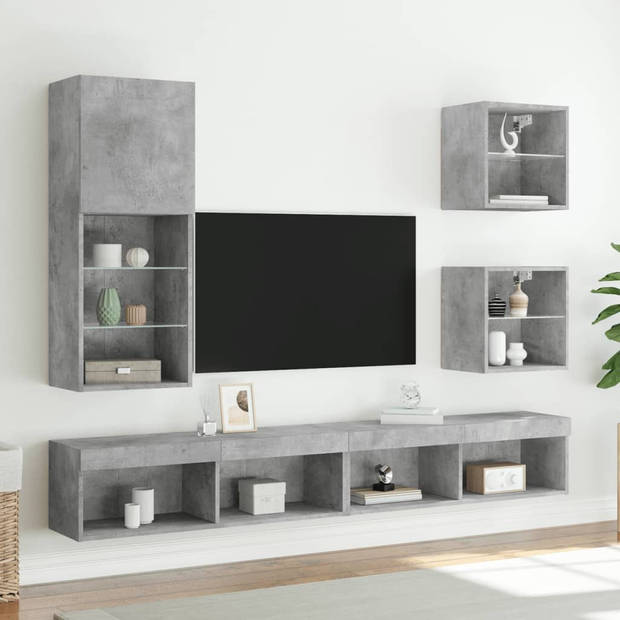 vidaXL 5-delige Tv-wandmeubelset met LED bewerkt hout betongrijs