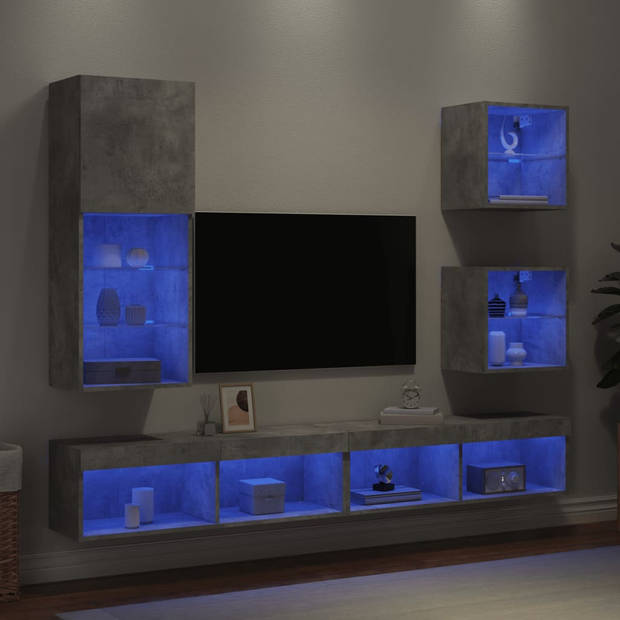 vidaXL 5-delige Tv-wandmeubelset met LED bewerkt hout betongrijs