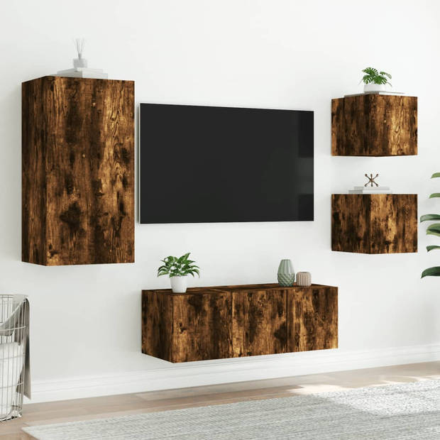 vidaXL 5-delige tv-wandmeubelset met LED bewerkt hout gerookt eiken