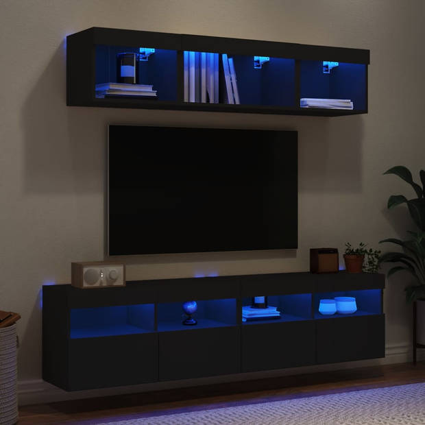 vidaXL 5-delige Tv-wandmeubelset met LED bewerkt hout zwart