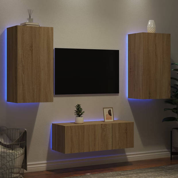 vidaXL 4-delige Tv-wandmeubelset met LED bewerkt hout sonoma eiken