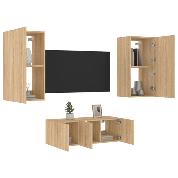 vidaXL 4-delige Tv-wandmeubelset met LED bewerkt hout sonoma eiken