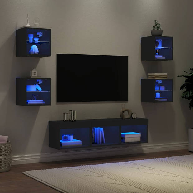 vidaXL 7-delige tv-wandmeubelset met LED bewerkt hout zwart