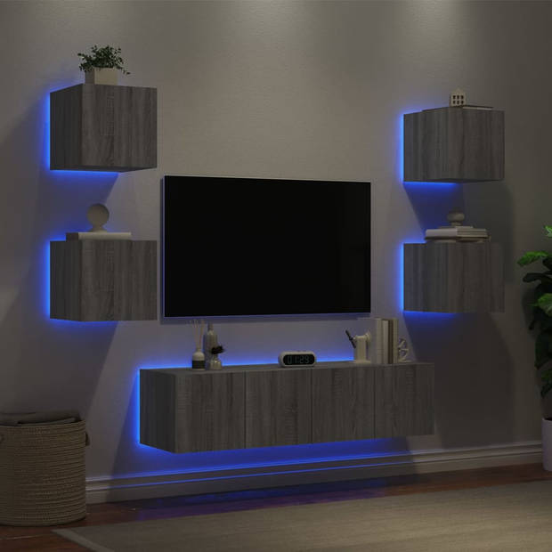 vidaXL 6-delige Tv-wandmeubelset met LED grijs sonoma eikenkleurig