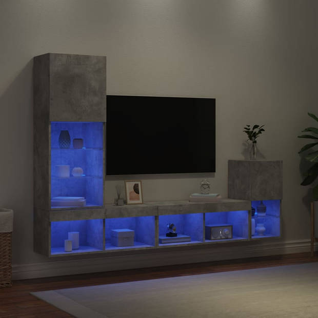 vidaXL 4-delige Tv-wandmeubelset met LED bewerkt hout betongrijs