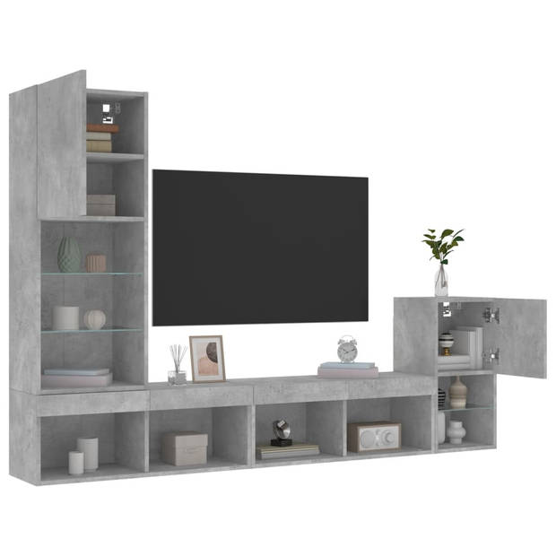 vidaXL 4-delige Tv-wandmeubelset met LED bewerkt hout betongrijs