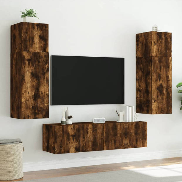 vidaXL 6-delige tv-wandmeubelset met LED bewerkt hout gerookt eiken