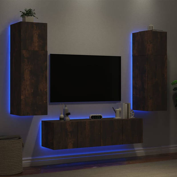 vidaXL 6-delige tv-wandmeubelset met LED bewerkt hout gerookt eiken