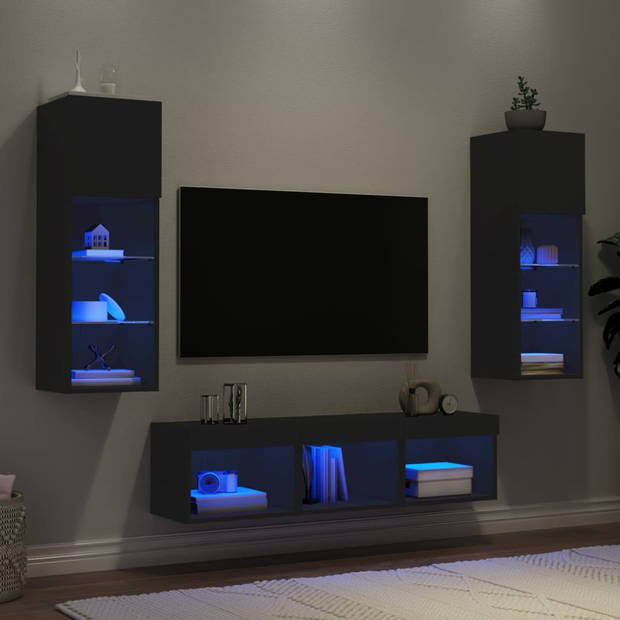 vidaXL 5-delige Tv-wandmeubelset met LED bewerkt hout zwart