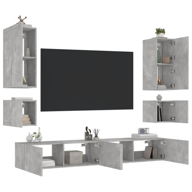 vidaXL 6-delige tv-wandmeubelset met LED-verlichting betongrijs