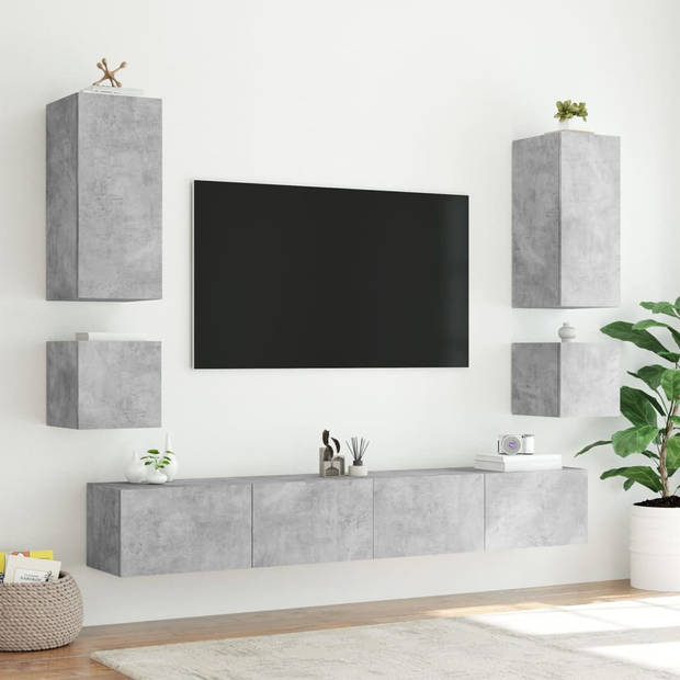 vidaXL 6-delige tv-wandmeubelset met LED-verlichting betongrijs